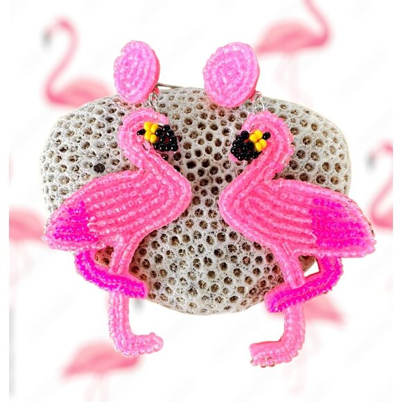 Flamingo Earrings Beaded Dangle Post Pink Statement Jewelry New Caribbea… - Picture 4 of 12